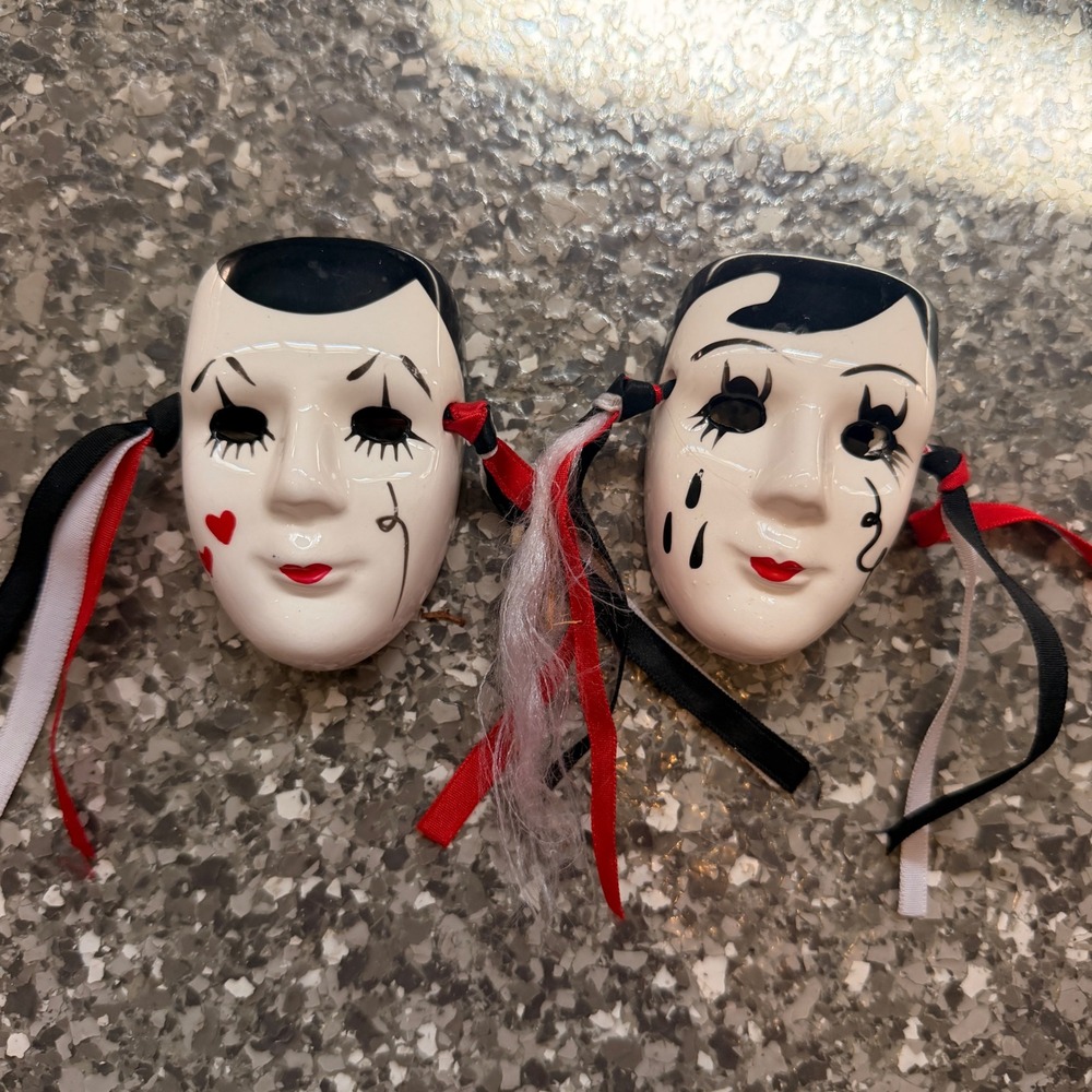 Vintage Ceramic Pierrot Mime Mask Set Hand Painted Ribbon Wall Decor Black White